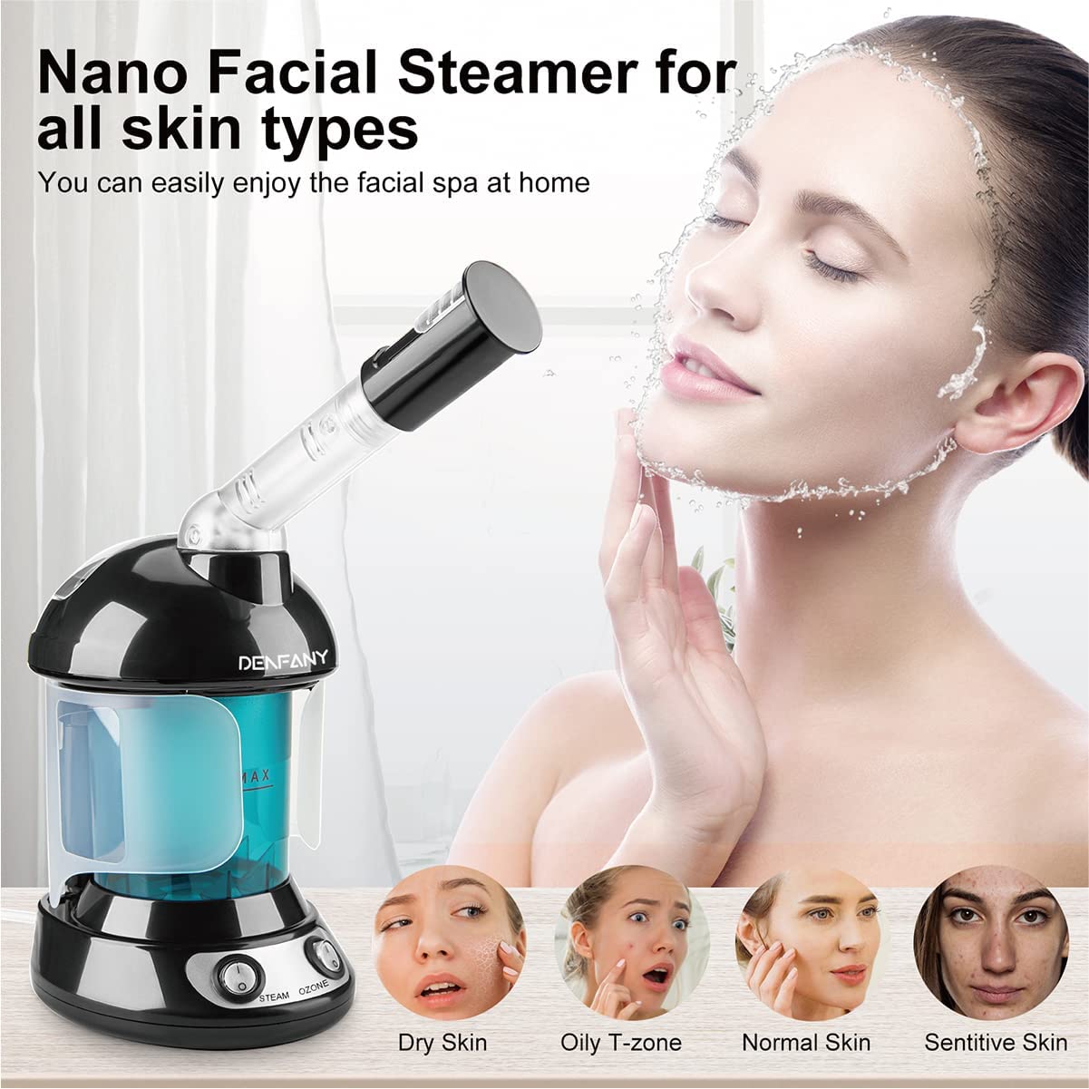 Facial Steamer - DENFANY Nano Ionic Face Steamer with Extendable 360° Rotatable Arm - Portable Facial Steamer for Personal Care Use at Home or Salon (Blue) - Image 3